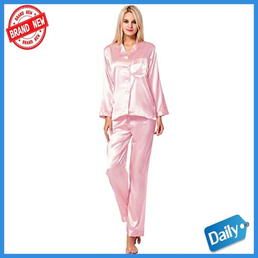 Long Sleeve Satin Pajama Set with Pocket, Button Down Sleepwear - Picture 4 of 8